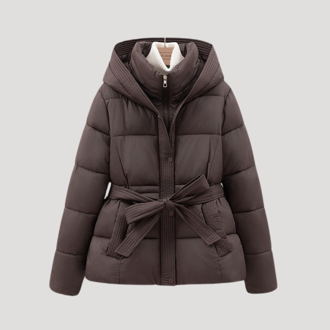 Women’s winter puffer jacket with hood and belt