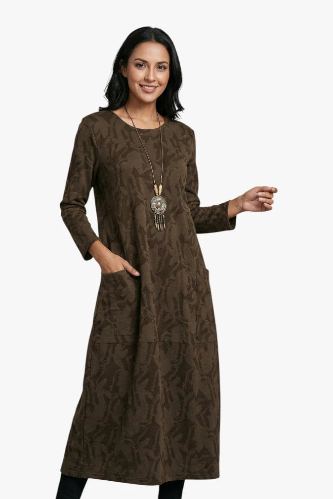Women's Printed Dress with Long Sleeve | Midi